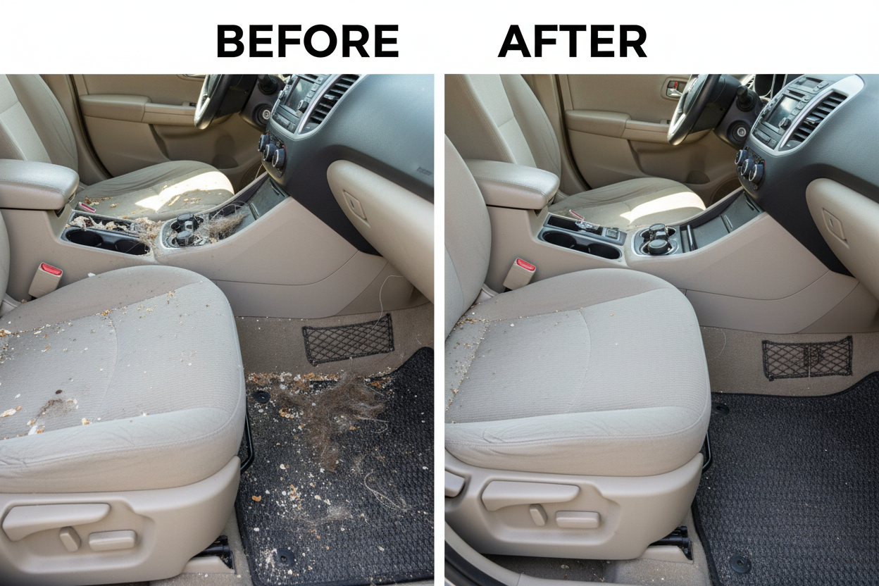 Car interior vacuum cleaning before versus after